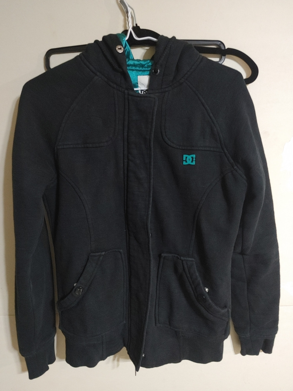 DC Kids Black Hooded Zip-Up Jacket with Teal Logo Accent